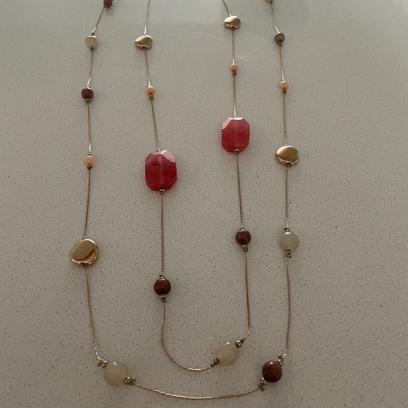 Gold double chain necklace with pink and purple stones. - Picture 1 of 5